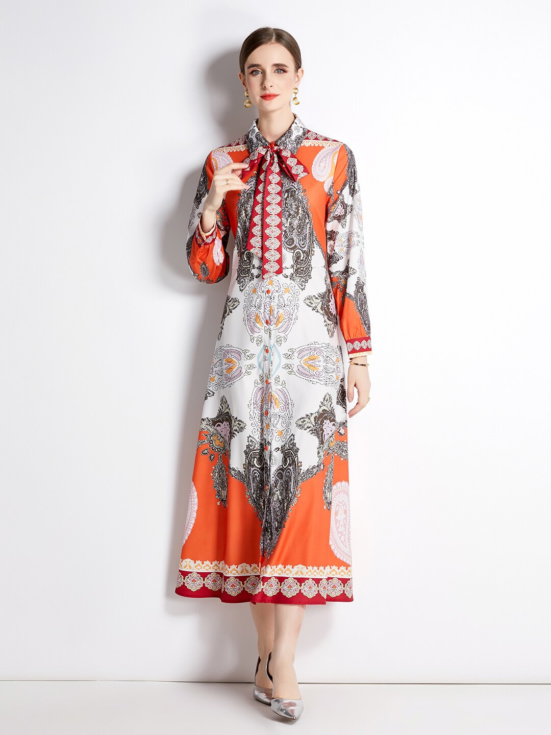 

JC Collection Printed Shirt Collar Midi A-Line Dress with Belt, Orange