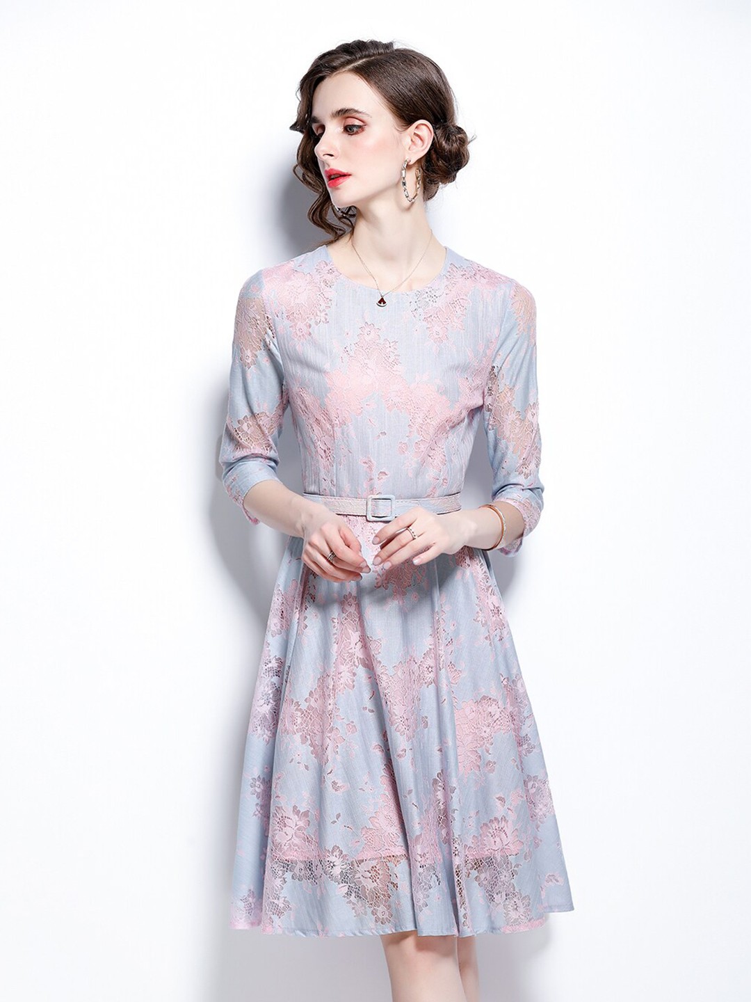 

JC Collection Self Design Fit & Flare Dress With Belt, Blue