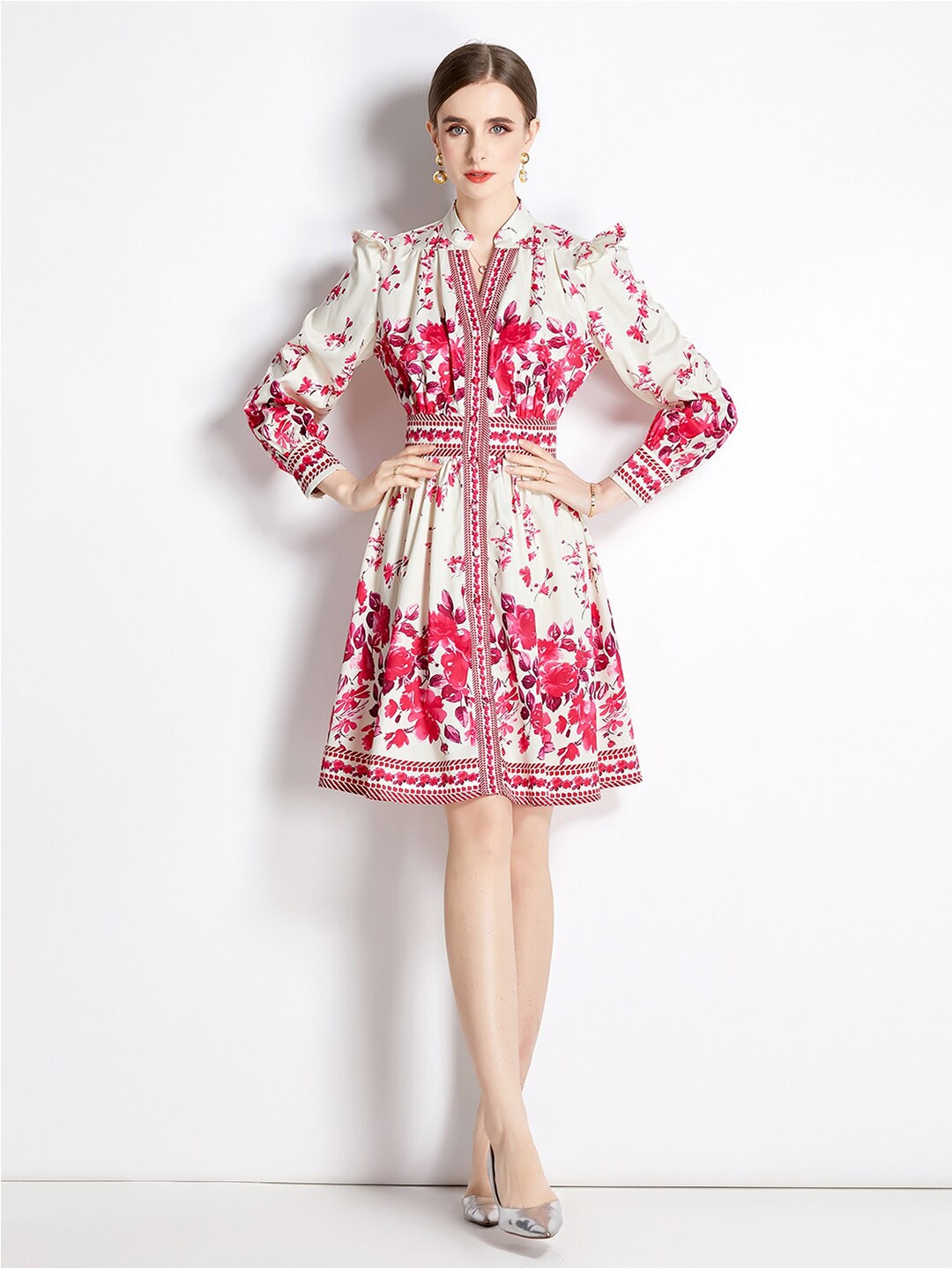 

JC Collection Floral Printed Cuffed Sleeves Fit & Flare Dress, Pink