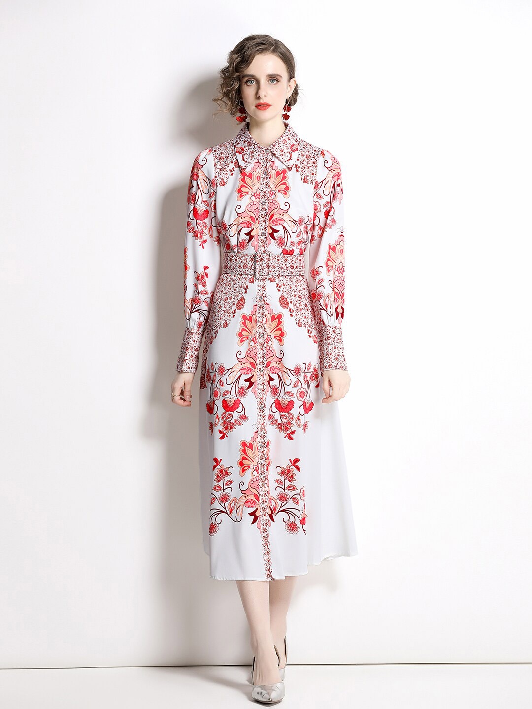 

JC Collection Floral Printed Shirt Midi Dress, White