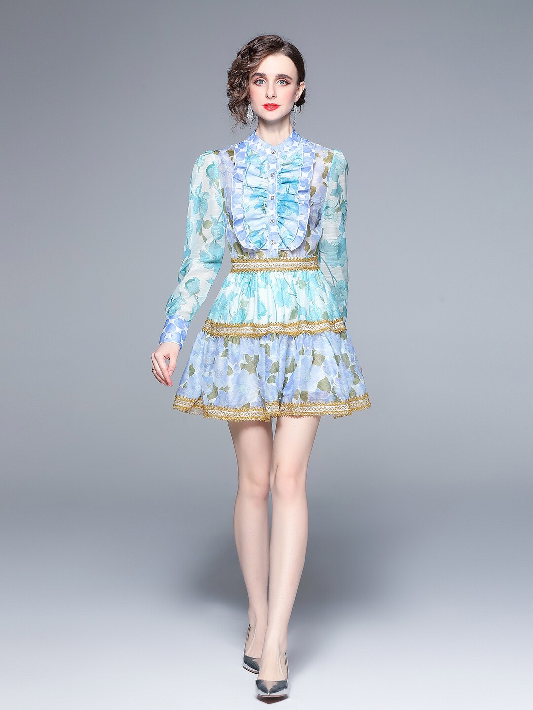 

JC Collection Floral Printed Cuffed Sleeves Fit & Flare Mini Dress, Blue