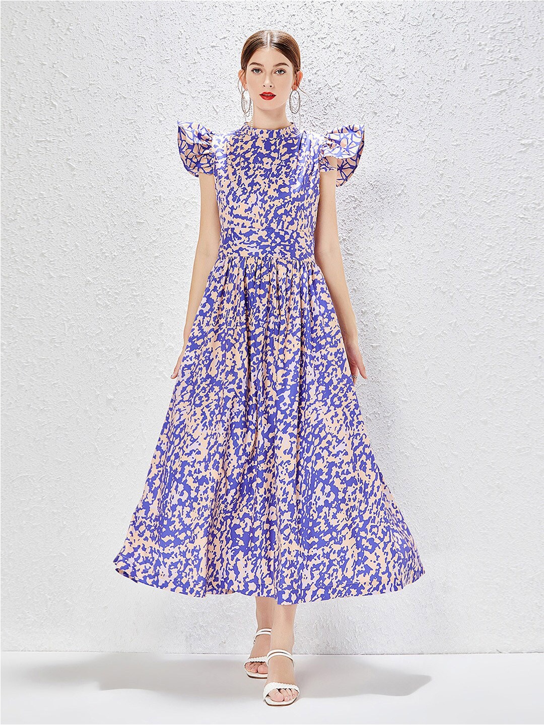 

JC Collection Printed Fit & Flare Flutter Sleeves Midi Dress, Purple