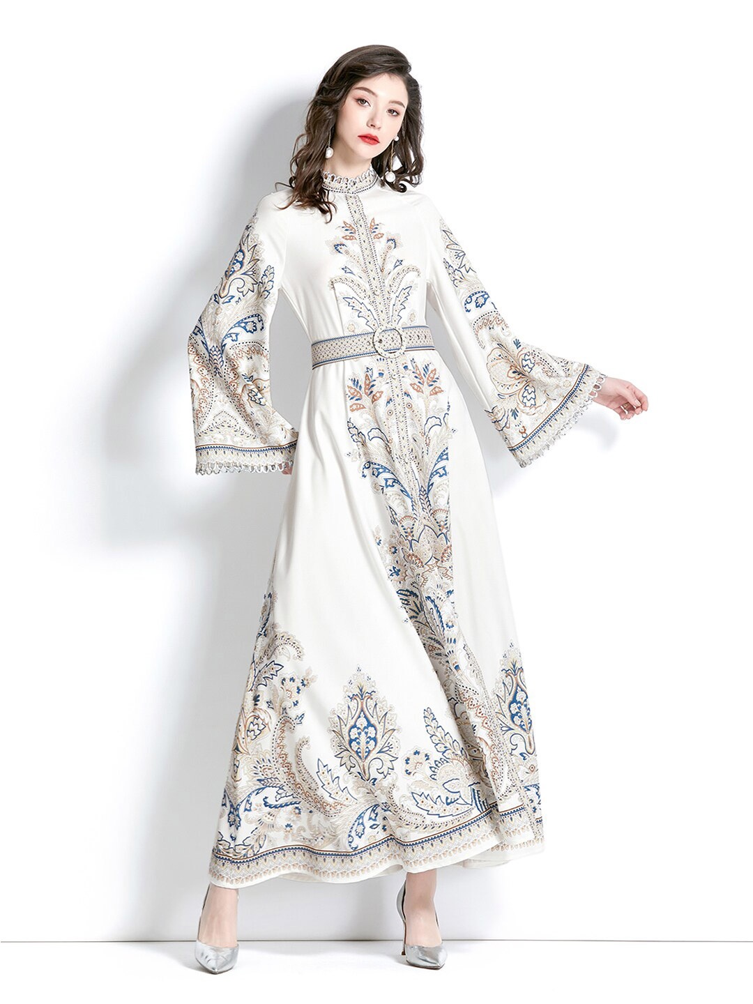 

JC Collection Floral Printed Flared Sleeves Fit & Flare Midi Dress, White