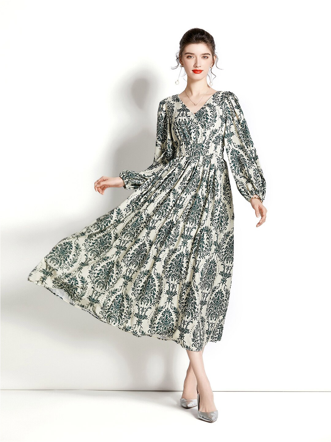 

JC Collection Floral Printed Puffed Sleeves Fit And Flare Maxi Dress, Green