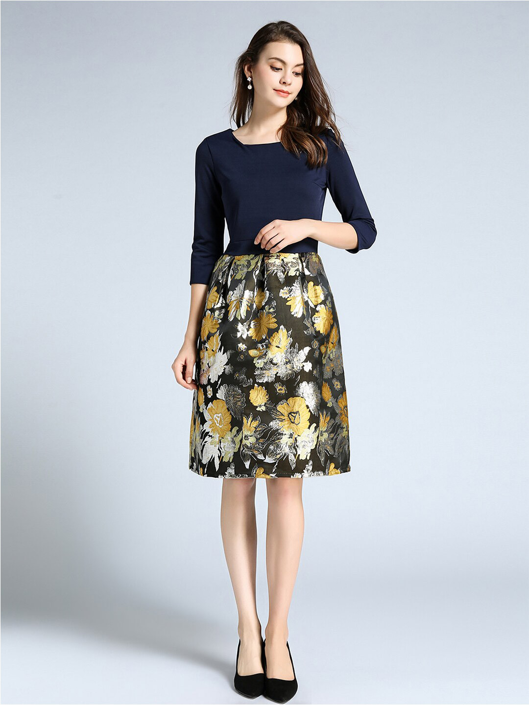 

JC Collection Floral Printed Fit And Flare Dress, Navy blue