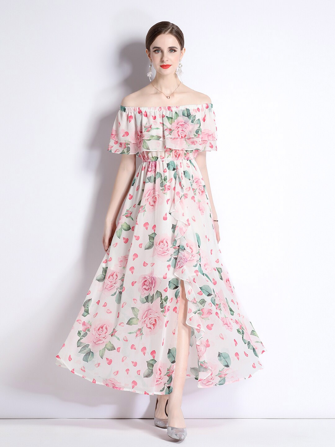 

JC Collection Floral Print Off-Shoulder Flared Sleeve Maxi Dress, White