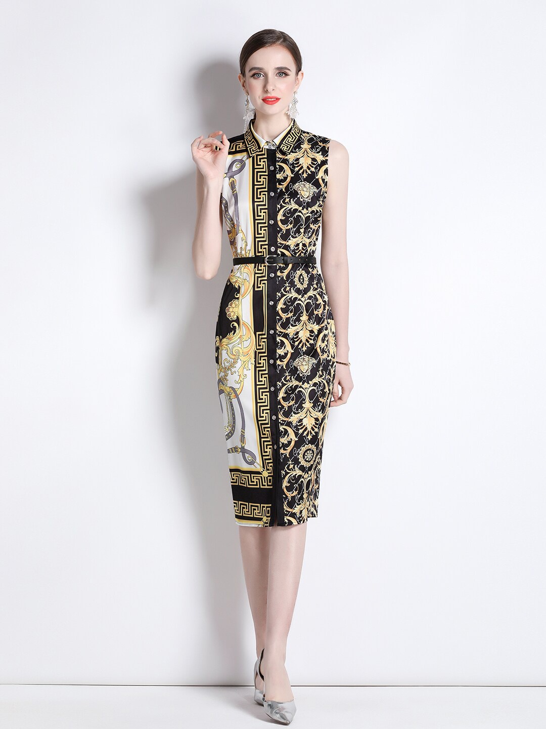 

JC Collection Ethnic Motifs Printed Shirt Collar Sheath Dress, White
