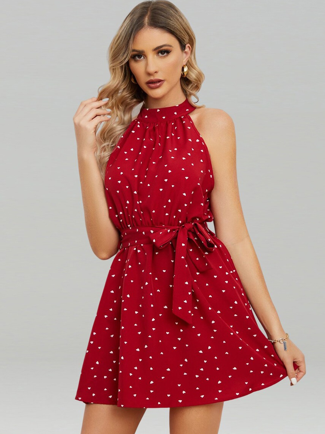 

JC Collection Polka Dot Printed Halter Neck Fit & Flare Mini Dress, Red