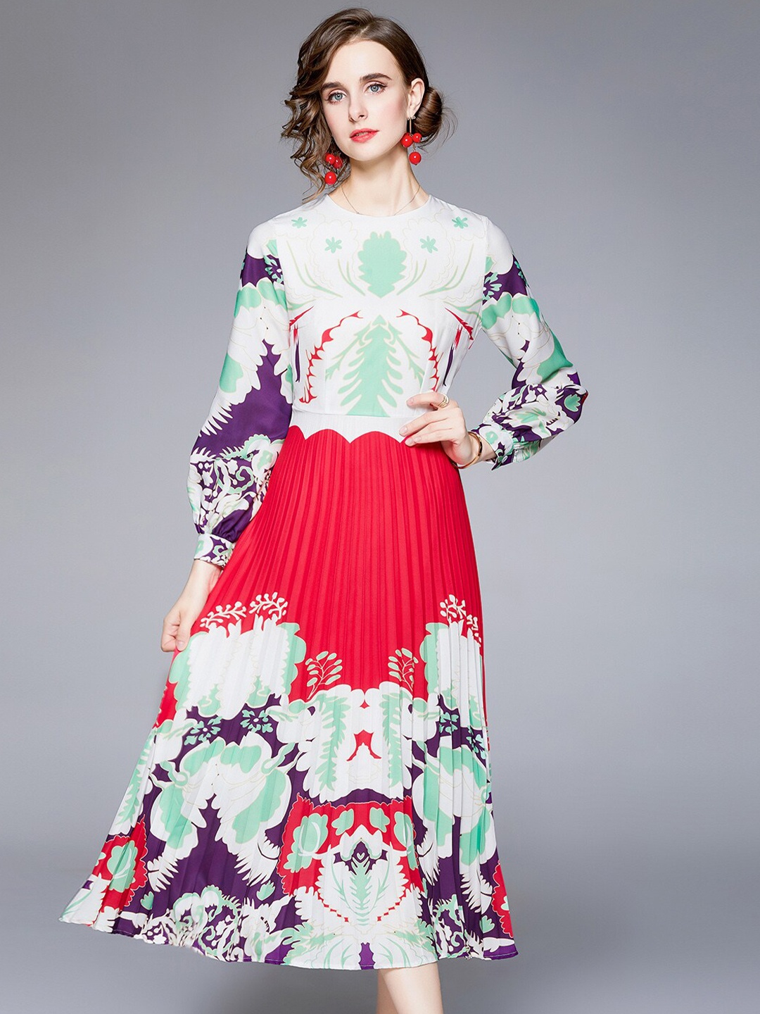

JC Collection Ethnic Motifs Printed Accordion Pleated Fit & Flare Midi Dress, White