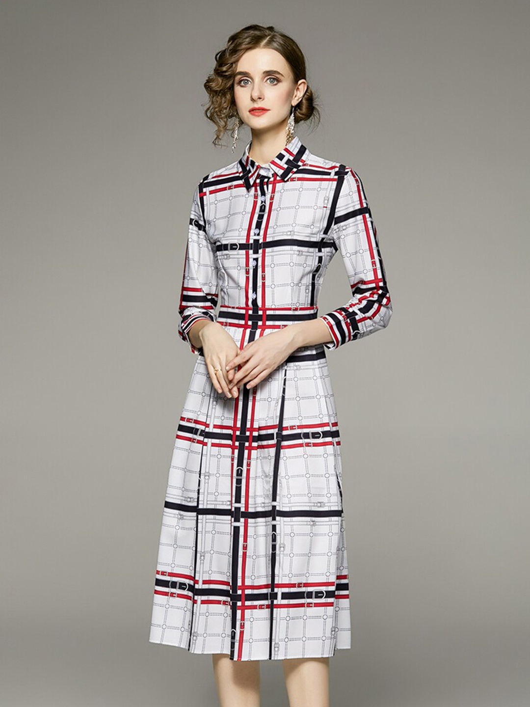 

JC Collection Checked Shirt Collar Cuffed Sleeves Shirt Midi Dress, White