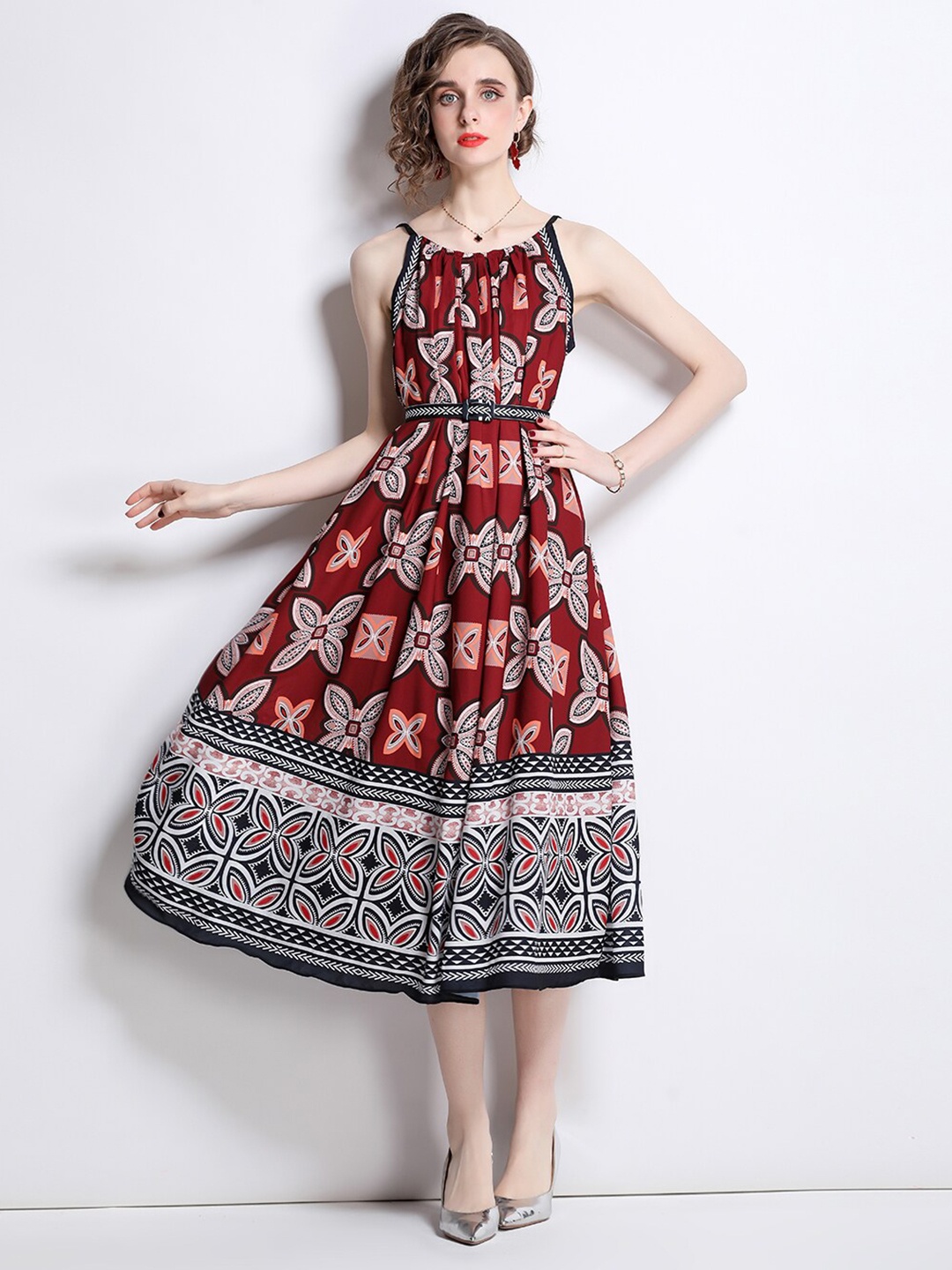 

JC Collection Ethnic Motifs Printed Fit & Flare Midi Dress, Maroon