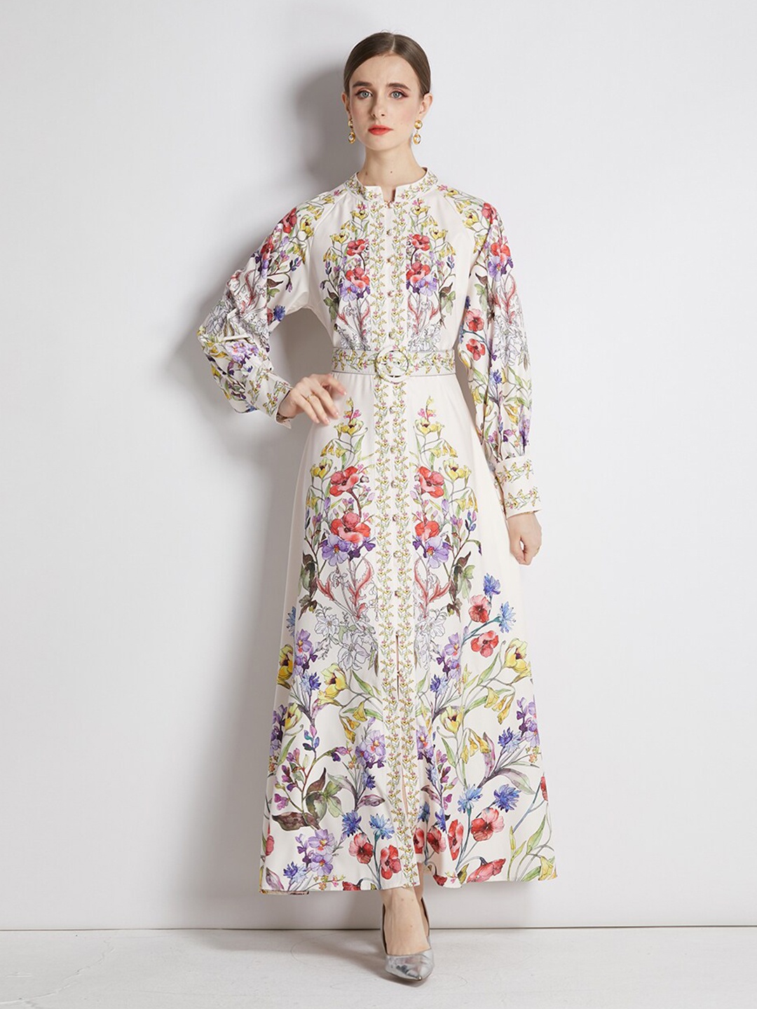 

JC Collection Floral Printed Fit & Flare Maxi Dress With Belt, White