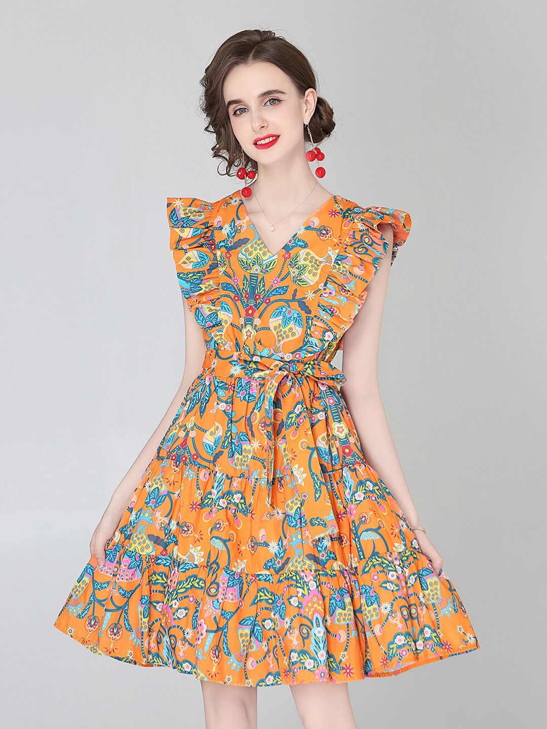 

JC Collection Floral Print Flutter Sleeve Fit & Flare Dress, Orange