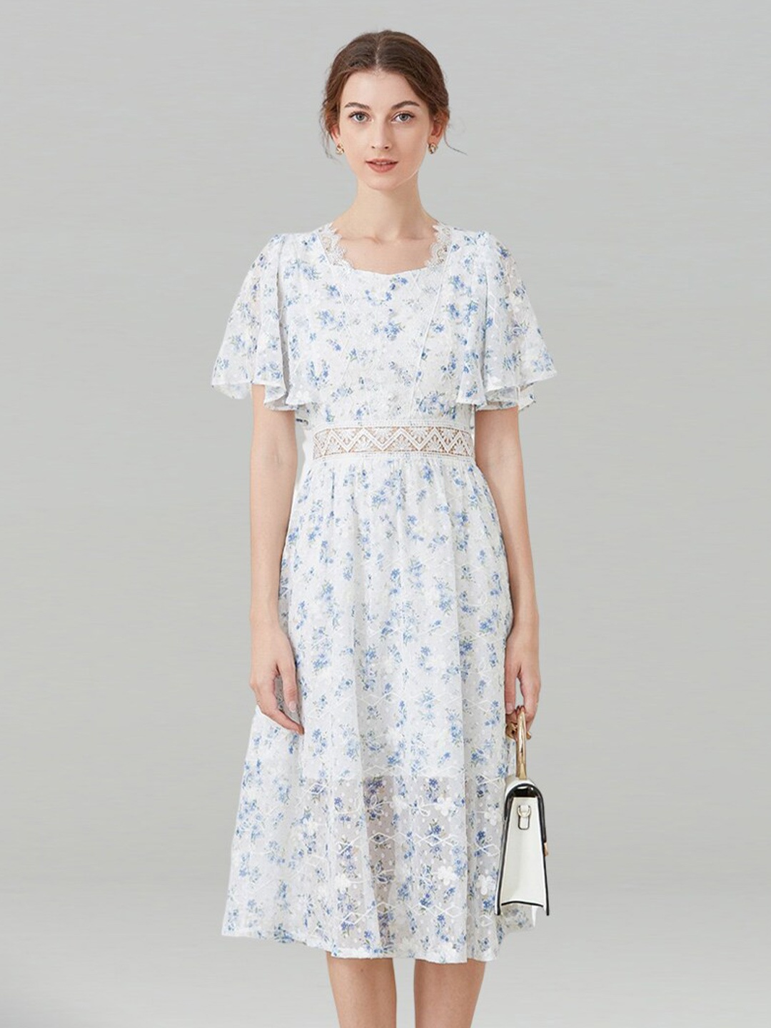 

JC Collection Printed Flared Sleeve Fit & Flare Midi Dress, White