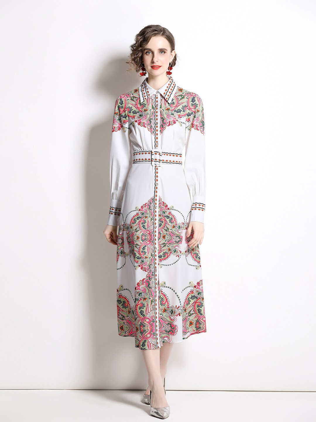 

JC Collection Floral Print Shirt Midi Dress, White