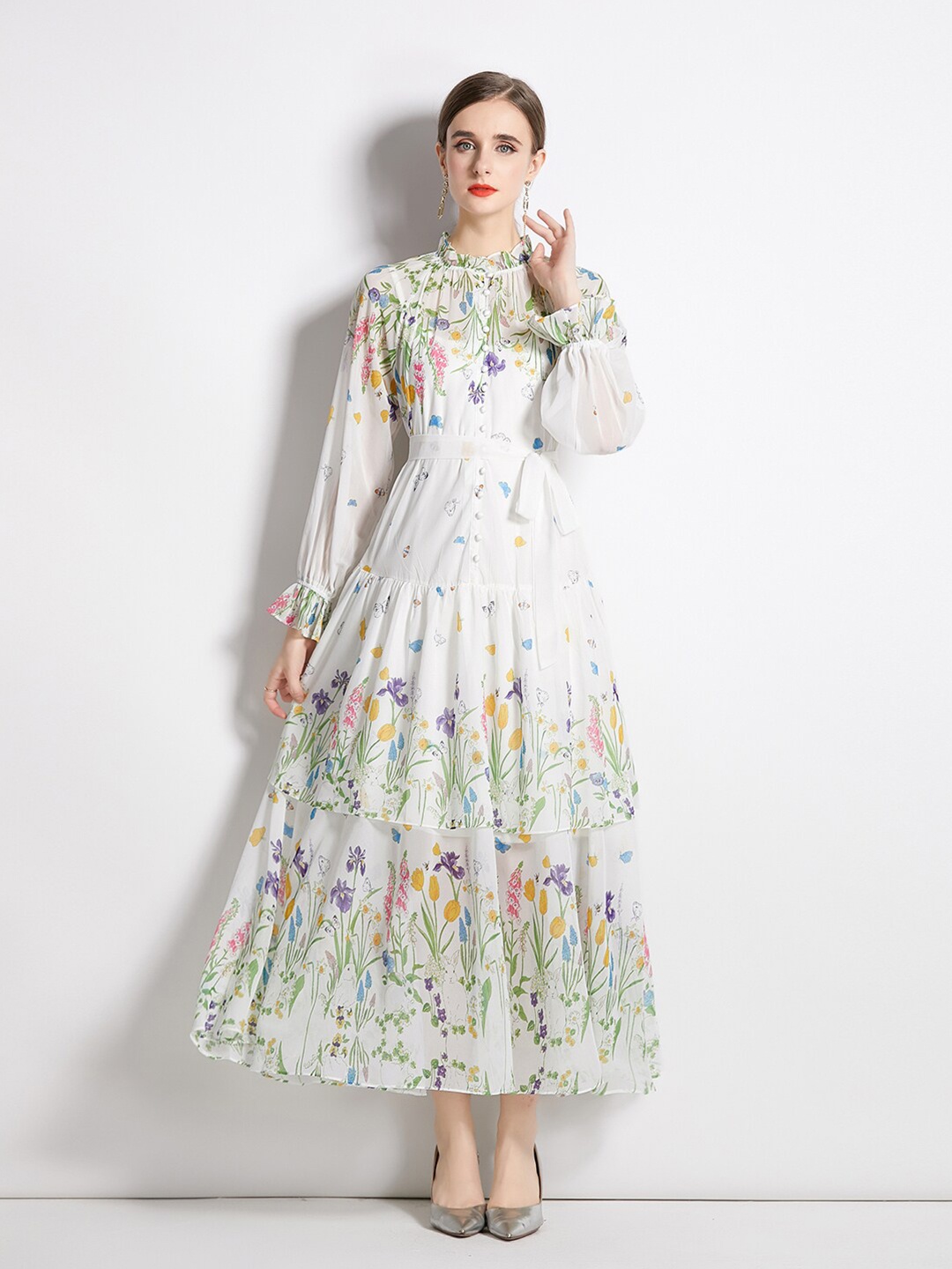 

JC Collection Floral Printed Puffed Sleeves Layered Maxi Dress, White