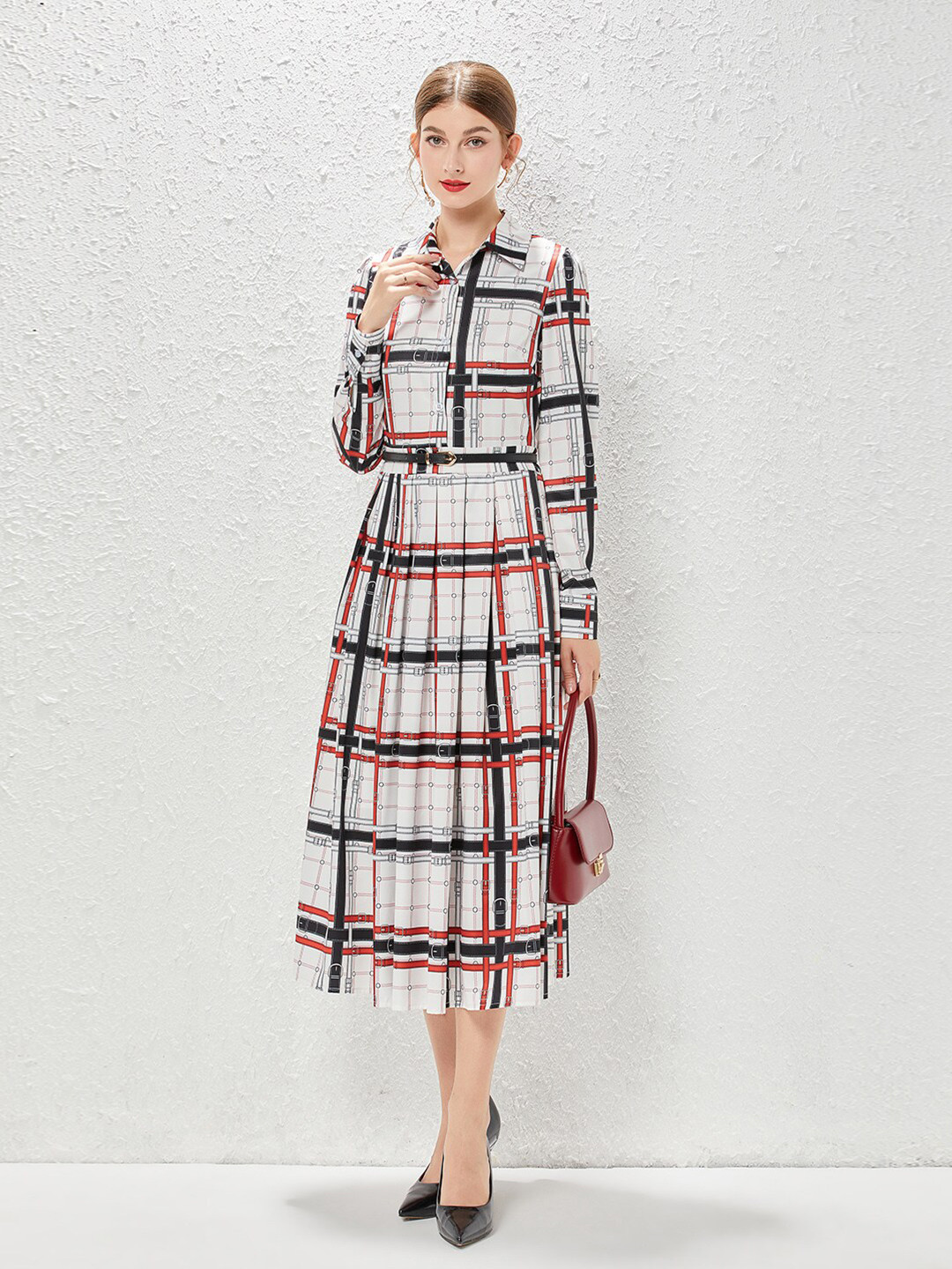 

JC Collection Checked Shirt Collar Shirt Midi Dress, White