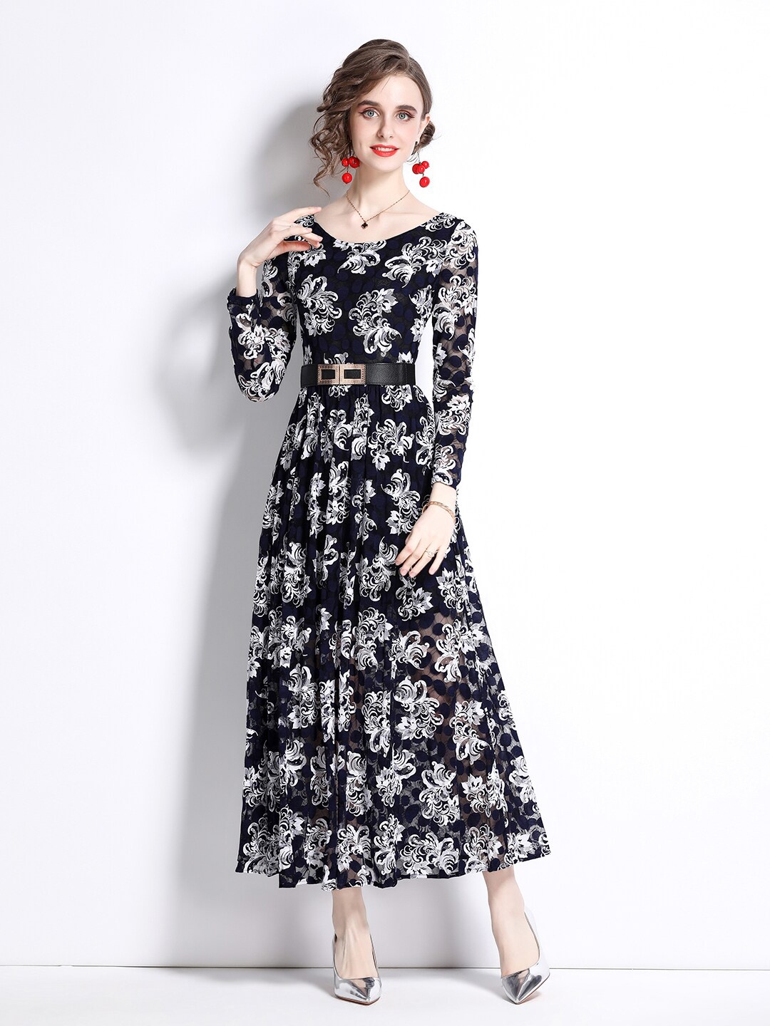 

JC Collection Floral Printed Round Neck Maxi Dress, Navy blue