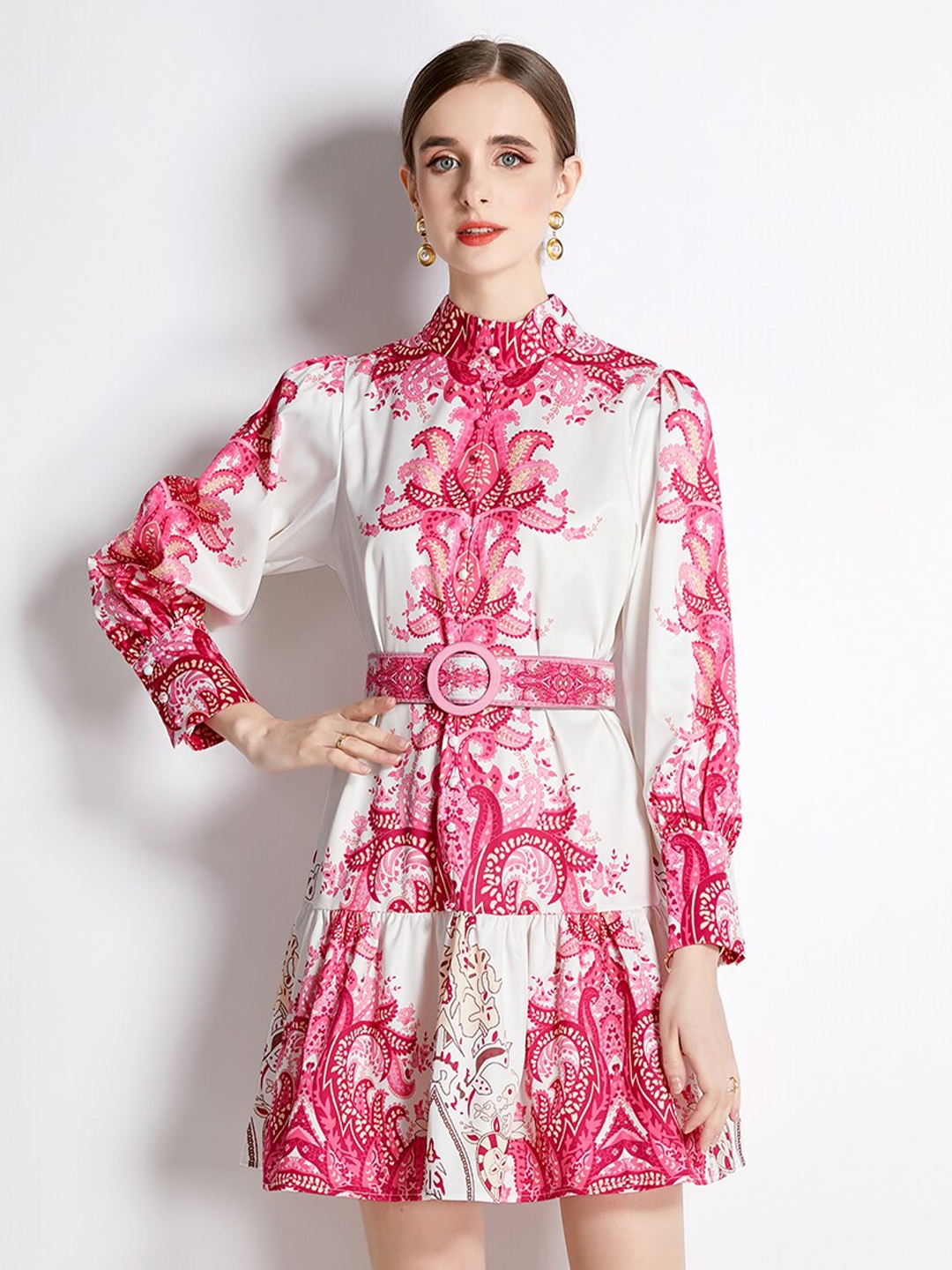 

JC Collection Floral Printed High Neck Cuffed Sleeves Fit And Flare Dress, Pink
