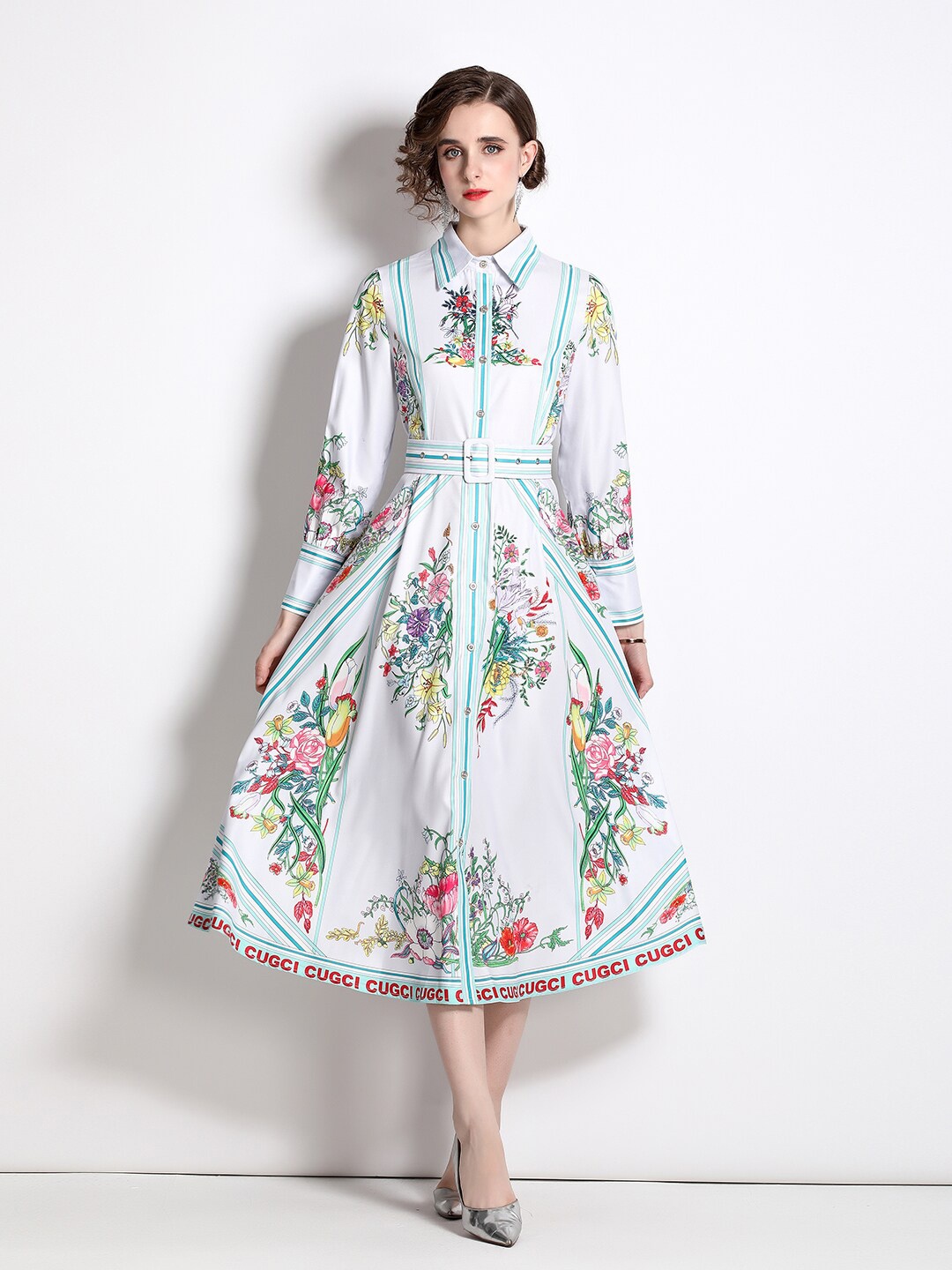 

JC Collection Blue Floral Print Shirt Midi Dress