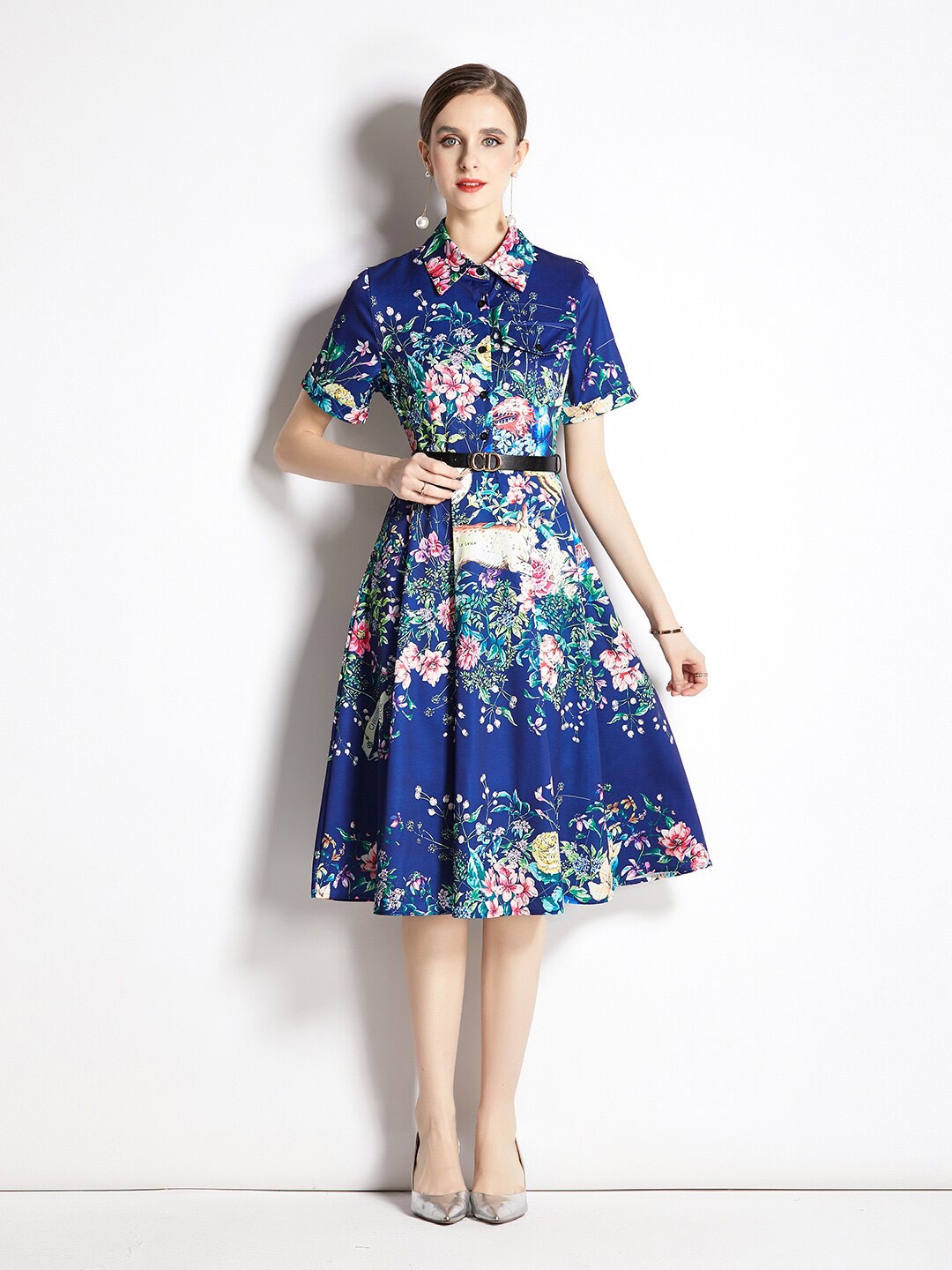 

JC Collection Floral Print Fit & Flare Dress, Navy blue