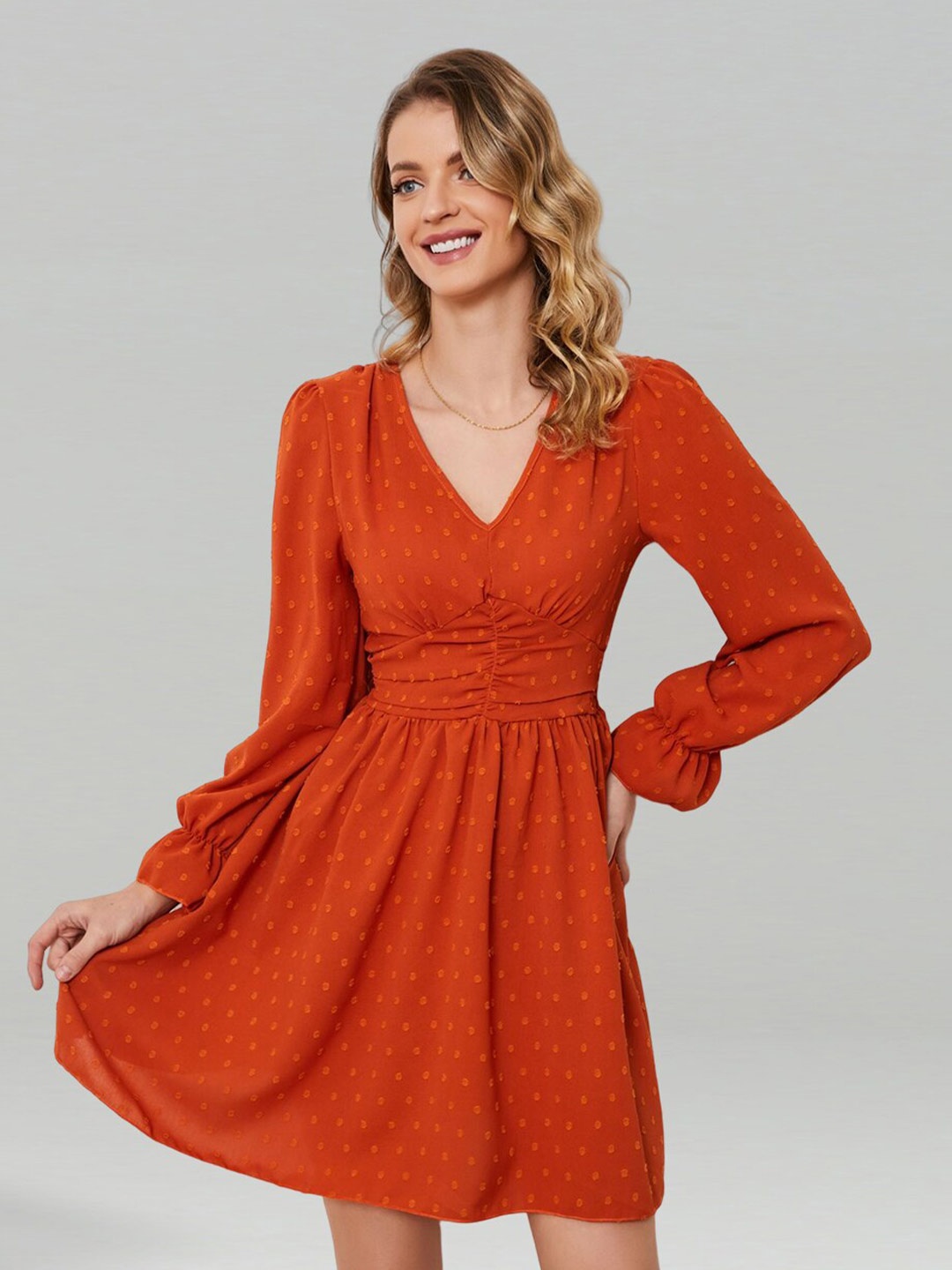 

JC Collection V-Neck Puff Sleeve Fit & Flare Dress, Orange