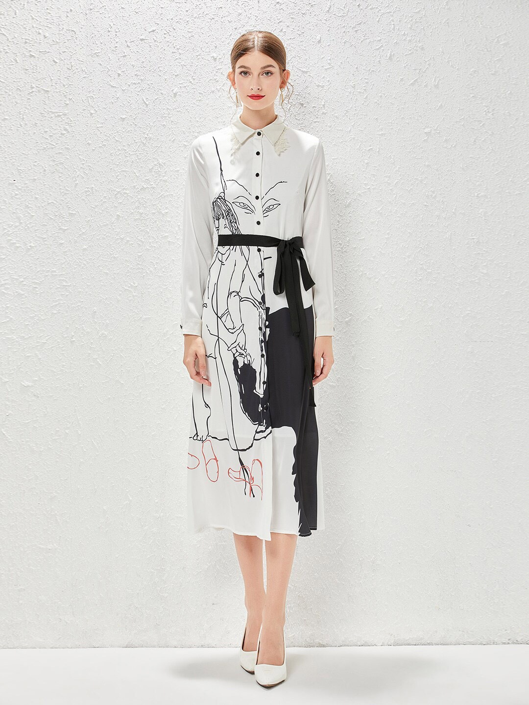 

JC Collection Printed Cuffed Sleeves Midi Shirt Dress with Belt, White