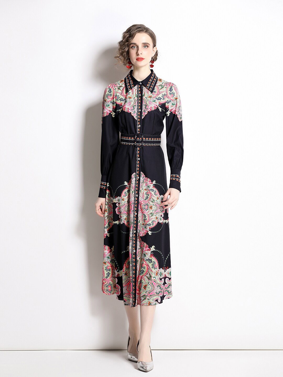 

JC Collection Printed Shirt Midi Dress With Belt, Black