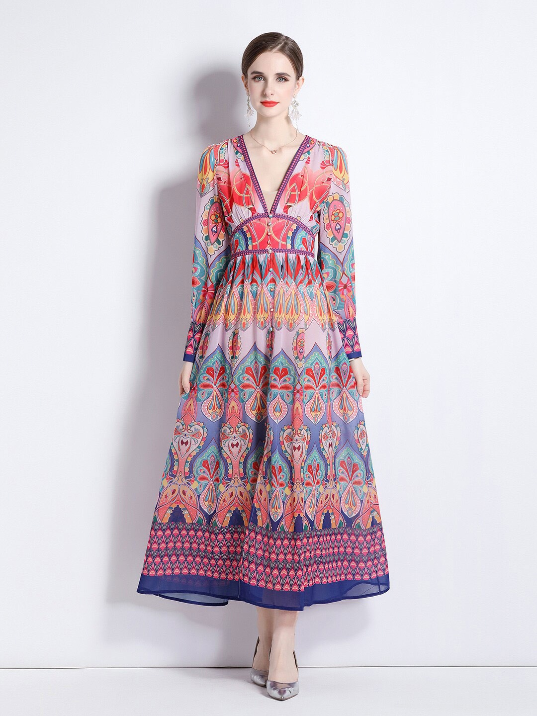 

JC Collection Ethnic Motifs Printed V-Neck Maxi Dress, Red