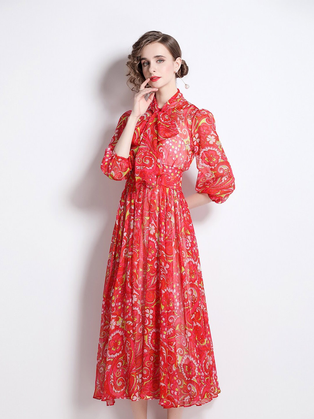 

JC Collection Red Ethnic Motifs Printed Tie-Up Neck Puff Sleeves Maxi Dress