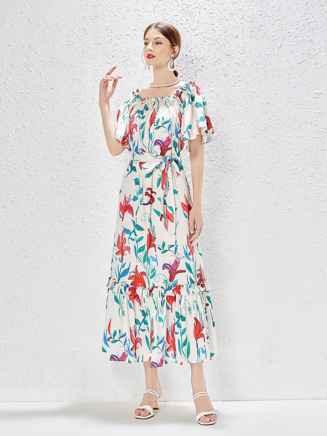 

JC Collection Floral Print Flared Sleeve Fit & Flare Maxi Dress, White
