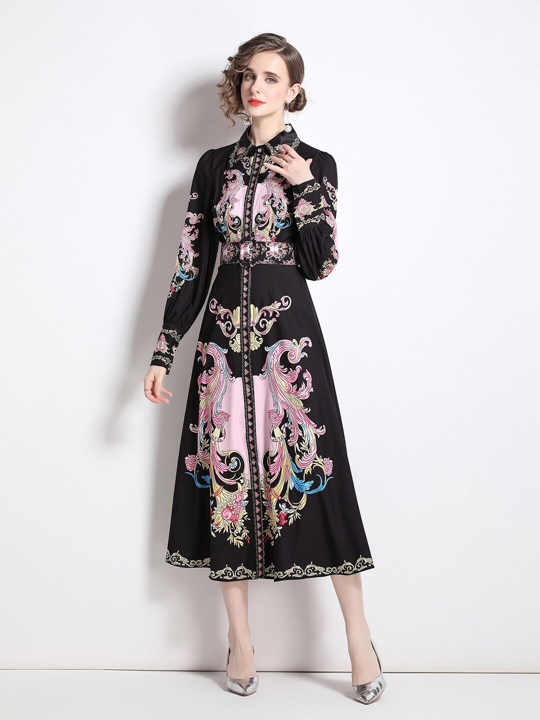 

JC Collection Floral Print A-Line Midi Dress, Black