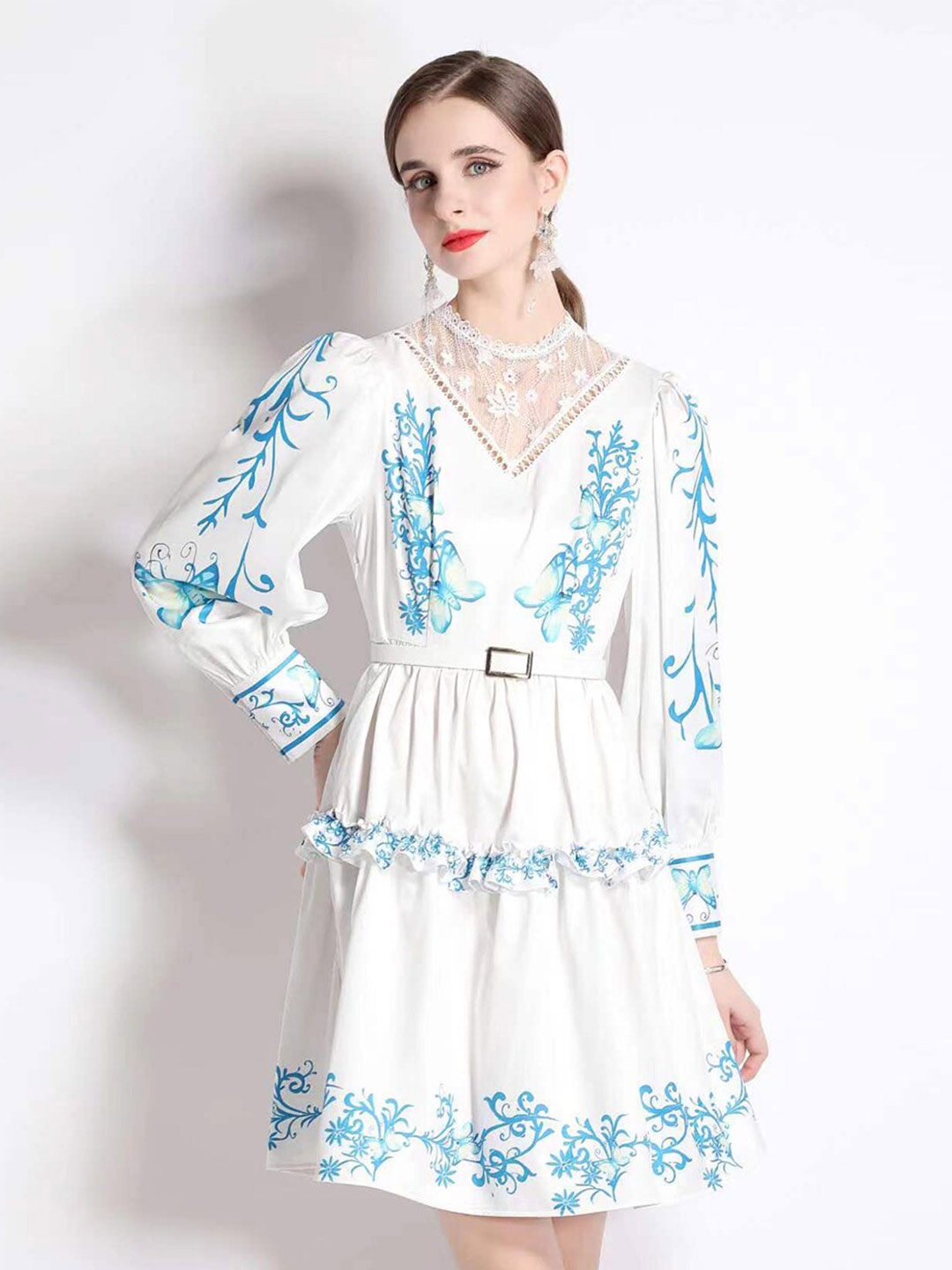

JC Collection Printed Ruffled Fit & Flare Dress, White