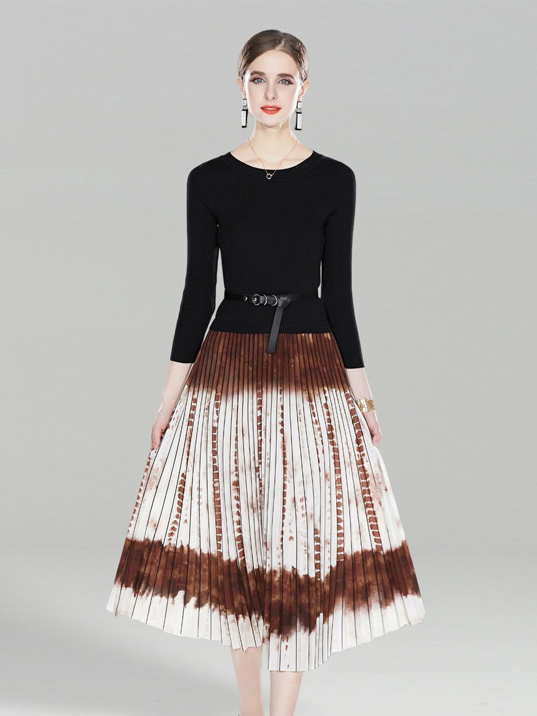 

JC Collection Round Neck Accordion Pleated Fit & Flare Midi Dress, Camel brown