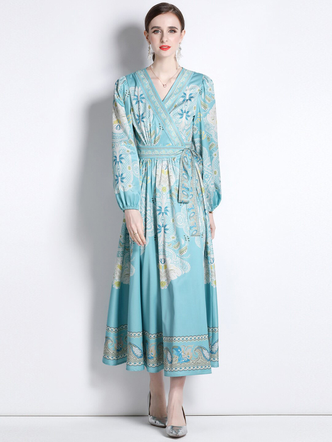 

JC Collection Blue Floral Print Puff Sleeve Fit & Flare Midi Dress