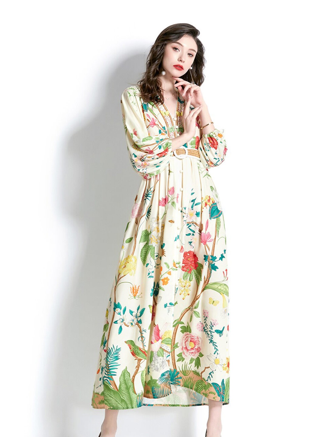 

JC Collection Floral Printed Fit & Flare Maxi Dress With Belt, Cream