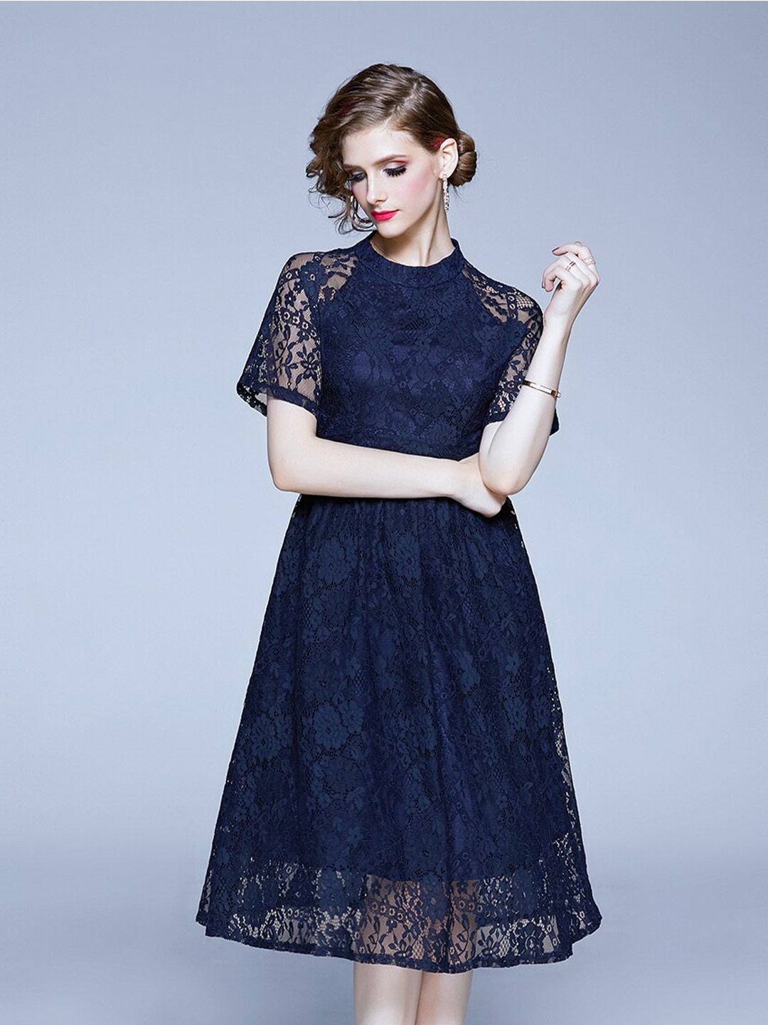 

JC Collection Self Design Fit & Flare Midi Dress, Navy blue
