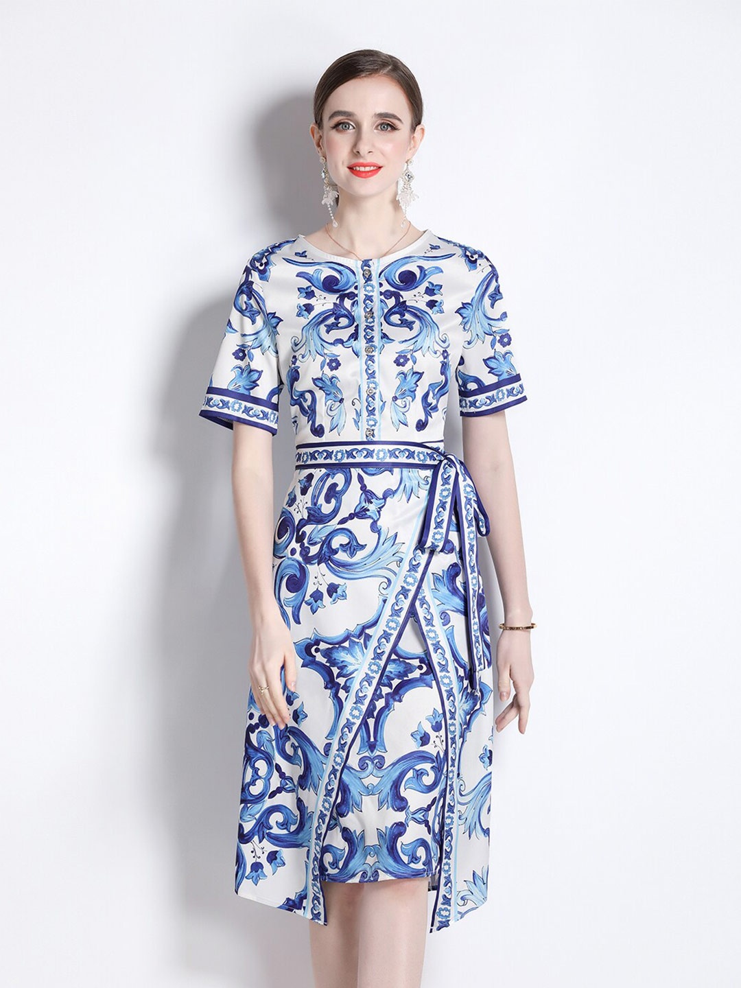 

JC Collection Floral Printed Boat Neck Midi A-Line Dress with Belt, Blue