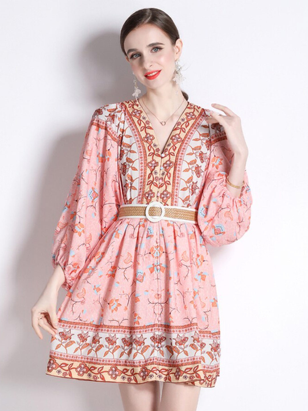 

JC Collection Floral Printed V-Neck Puff Sleeve A-Line Dress, Pink