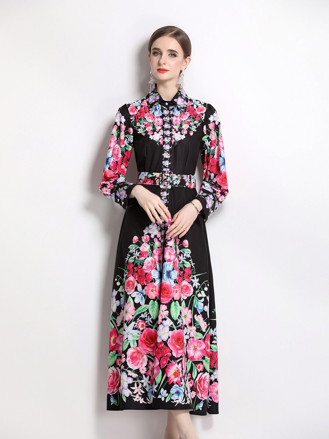 

JC Collection Floral Print Shirt Maxi Dress, Black