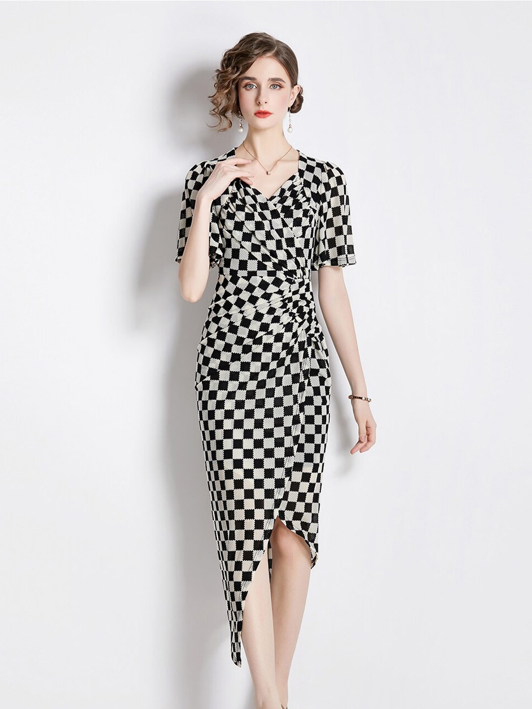 

JC Collection Geometric Printed V-Neck Sheath Midi Dress, Black