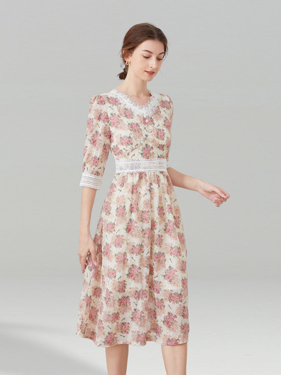 

JC Collection Floral Printed V-Neck Puff Sleeves Midi Dress, Beige