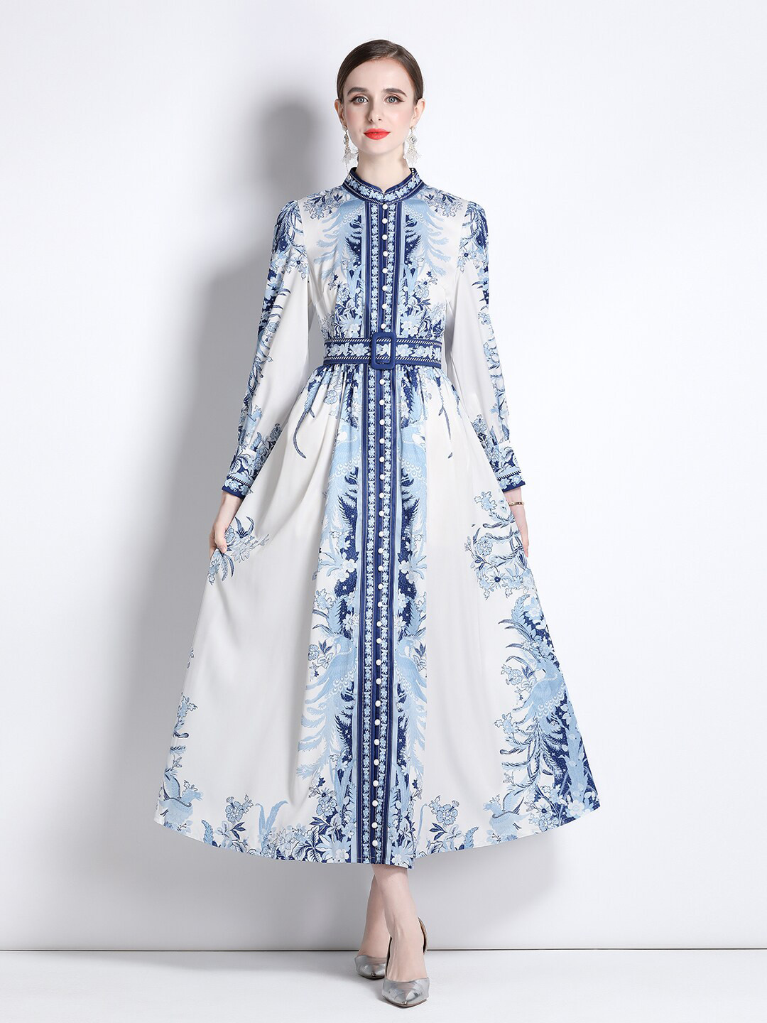 

JC Collection Printed Cuffed Sleeves Maxi Dress with Belt, White