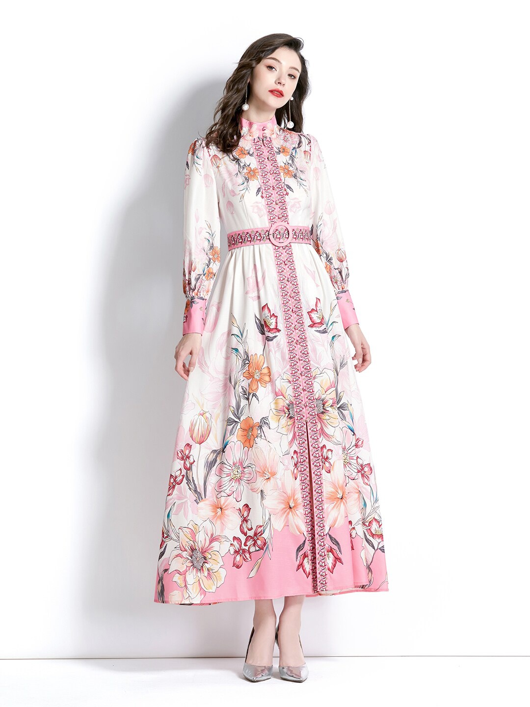 

JC Collection Floral Printed Cuffed Sleeves A-line Maxi Dress, Pink