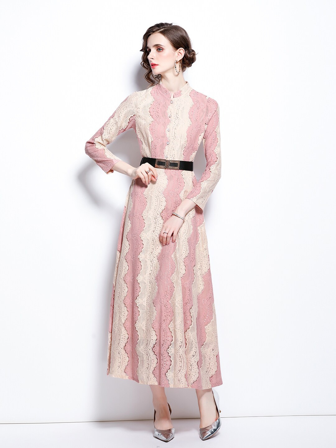 

JC Collection Self Design Mandarin Collar Maxi Dress, Pink