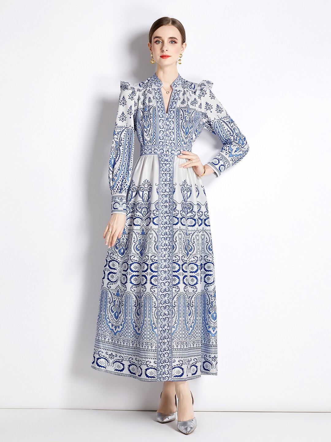 

JC Collection Ethnic Motifs Printed Mandarin Collar Maxi Dress, White