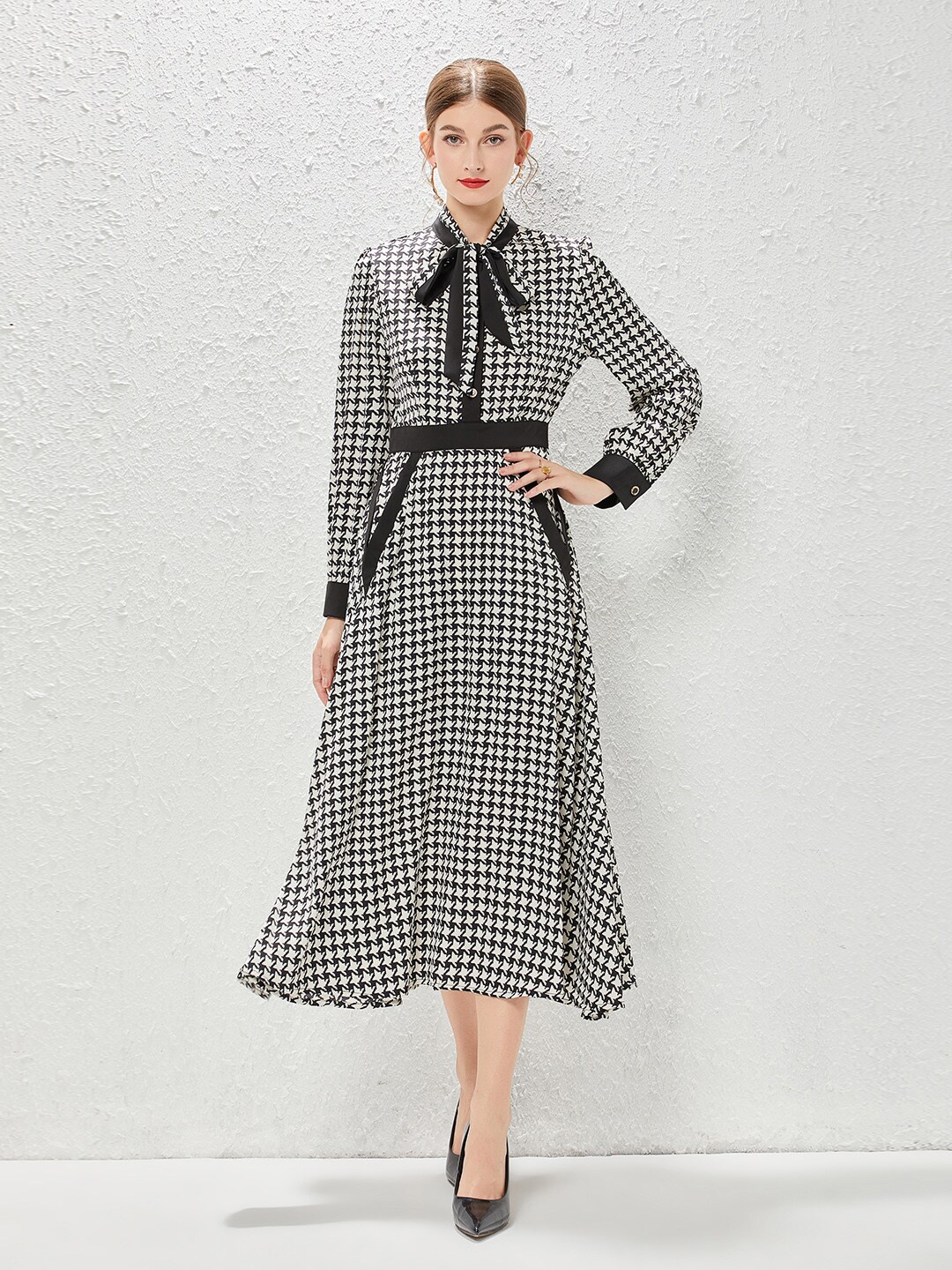 

JC Collection Black Checked Tie-Up Neck Shirt Midi Dress