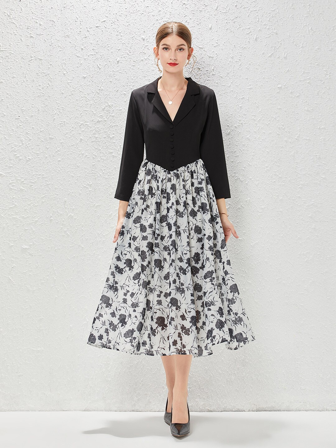 

JC Collection Floral Printed Lapel Collar Midi A-Line Dress, Black