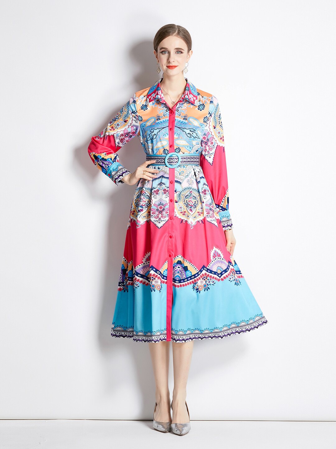 

JC Collection Printed Spread Collar Midi A-Line Dress with Belt, Pink