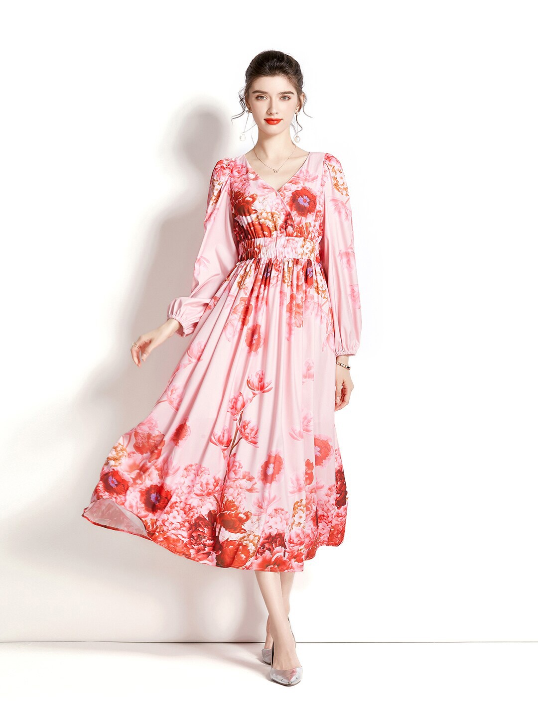 

JC Collection Red Floral Print Flared Sleeve Fit & Flare Maxi Dress